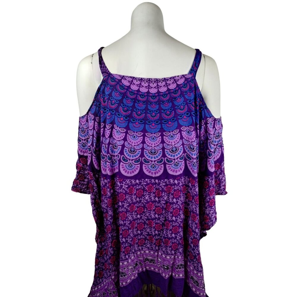 Womens 3XL Bohemian Paisley Print Cold Shoulder Fringed Poncho Tunic Top - Picture 2 of 6